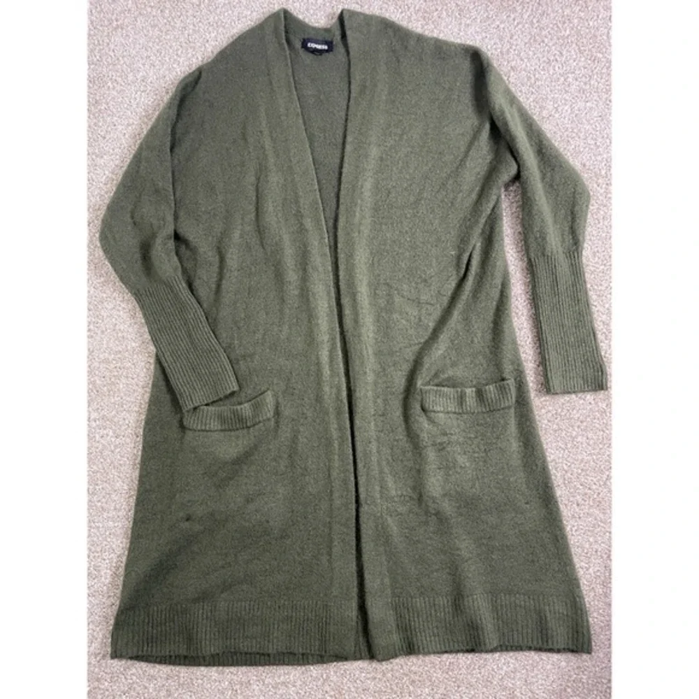 Express Womens Open Front Green Cardigan Relaxed Fit Pockets Size M - Picture 1 of 7